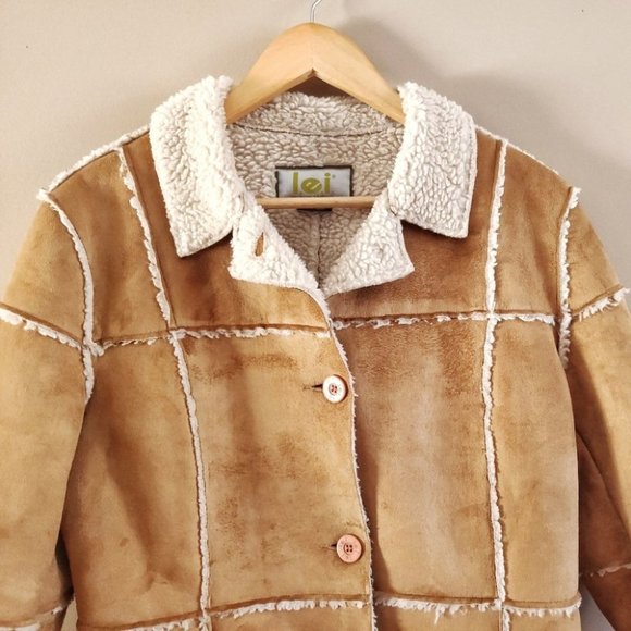 LEI 90s Faux Suede Sherpa Lined Collared Jacket Tan Large - Picture 1 of 9